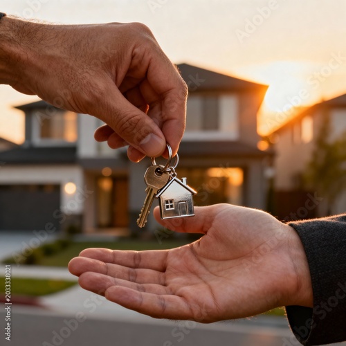 Handing Over Keys To New Home At Sunset