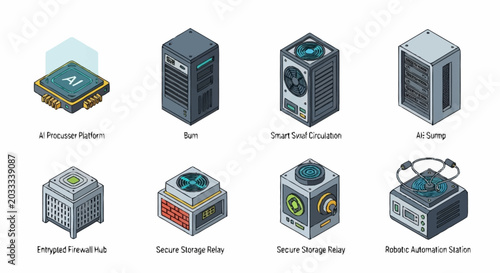 Tableau sur toile Isometric illustrations of various computer hardware components and server racks for technology