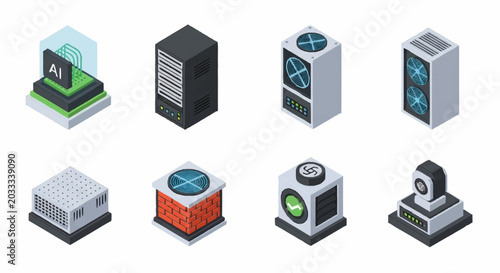 Картината върху платно Isometric illustration of various server units and data center equipment for technology concepts