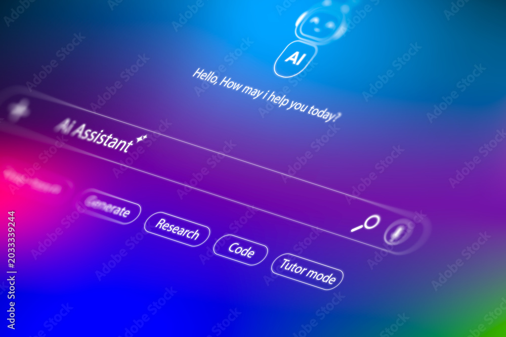 Foto Digital AI assistant interface on futuristic glowing screen with chatbot interac