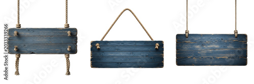 Obraz na płótnie Set and collection of rustic empty dark blue wooden hanging sign board notice fr