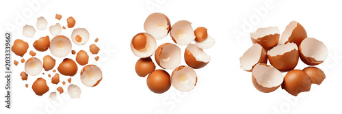 Bild auf Leinwand Broken Cracked Brown Eggshells Pile Set Isolated on Transparent Background, Natu