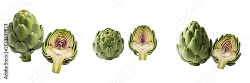 Foto Fresh Green Globe Artichoke Whole and Halved Vegetable Set Isolated on Transpare