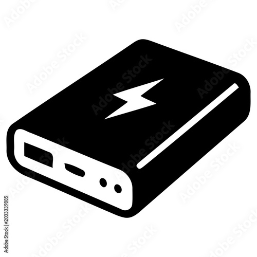 Modern black vector illustration depicting a portable power bank device featuring a bold lightning bolt symbol for charging mobile phones and electronic handheld gadgets