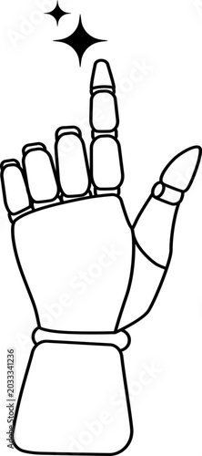 Clean vector line illustration depicting AI assistant robotic hand extended upward, index finger pointing directly at bright star