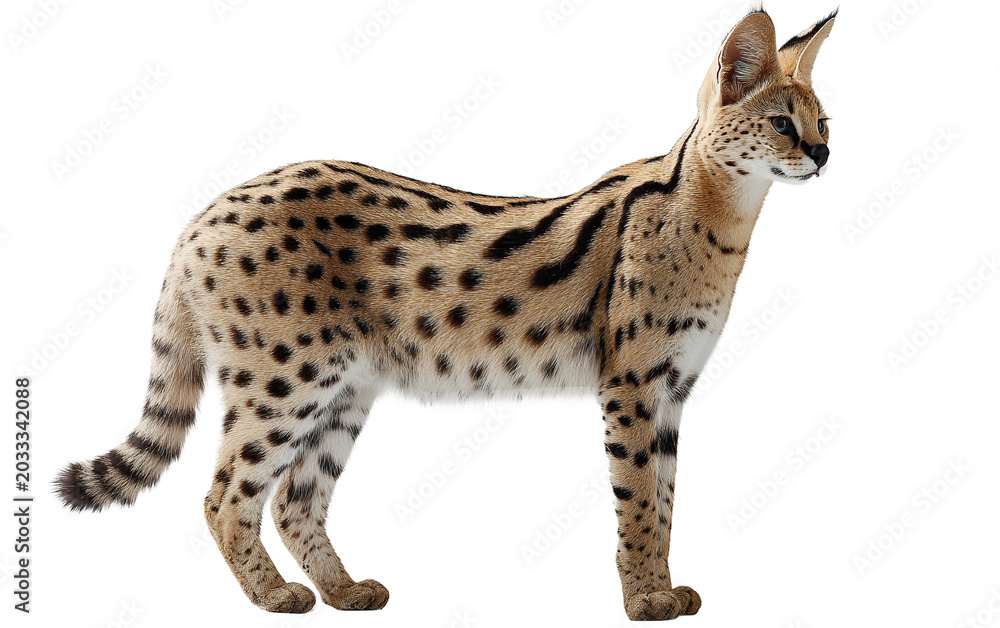 Obraz premium Serval wild cat shown in attentive pose on white background with soft shadows and realistic wildlife detail Isolated on transparent background PNG
