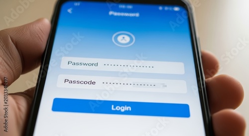 Hand holding smartphone with login screen and password field. User accessing mobile application account with digital authentication. Security and cybersecurity protection concept.