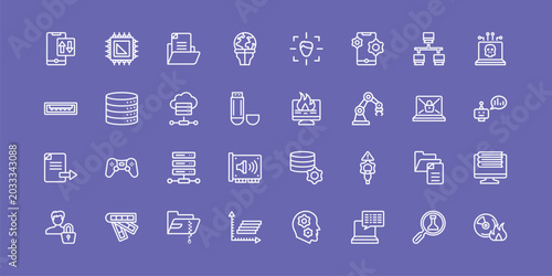 Photos it & components outline icon set featuring mobile data, document file, data loss, burn cd icons