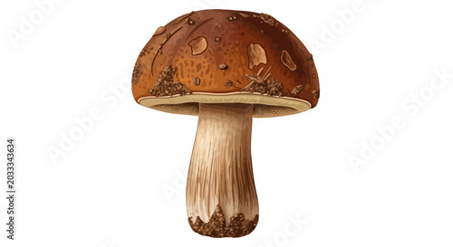 Фотография Realistic Brown Mushroom with Thick Stem Isolated Forest Fungi Clipart Vector Il