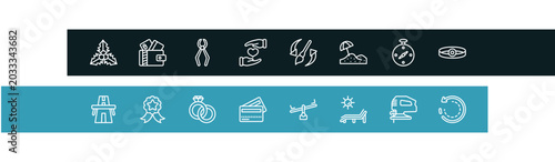 Bild auf Leinwand general outline icon set featuring mistletoe leaves, card wallet, nail puller, heart between hands icons