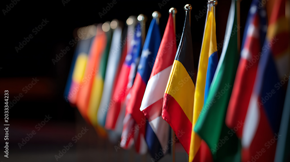 Fototapeta premium Row of Diverse Flags Representing Various Nations in a Formal Setting, Symbolize Unity, International Cooperation, and Global Relations