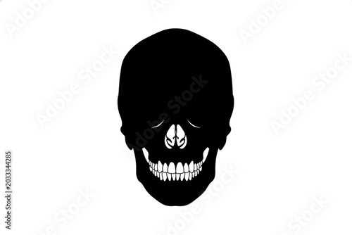Schilderij op canvas Grim Visage: A stark, black silhouette of a human skull against a white background, evoking themes of mortality, fear, and the macabre