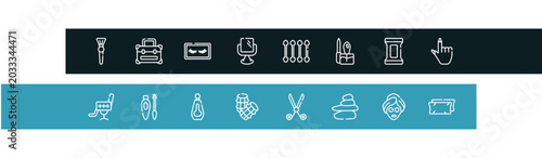 Fotografi beauty & spa outline icon set featuring inclined makeup brush, vanity case, false eyelashes, makeup mirror icons