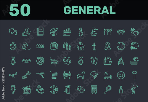 Bild auf Leinwand general outline icon set featuring watering can with water drops, poverty, yearbook, cd record icons