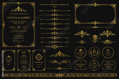Elegant gold vintage ornamental elements for luxury invitations and branding