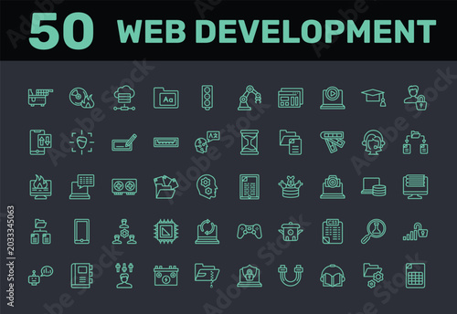 Konstfotografi web development outline icon set featuring electric fryer, burn cd, online server, fonts icons