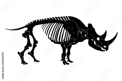 Canvastavla Rhino Skeleton: A striking black silhouette of a rhinoceros skeleton, showcasing its powerful bone structure, horns, and tail