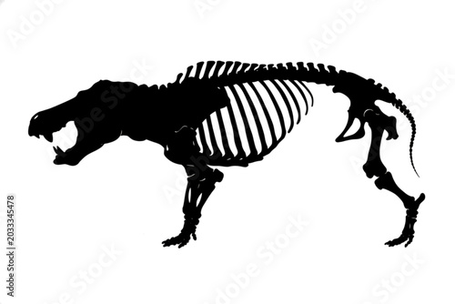 Konstfotografi Prehistoric Predator Skeleton: A stark black silhouette of a formidable dinosaur skeleton, showcasing sharp teeth and a powerful build, evokes a sense of ancient power and mystery
