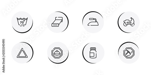 Schilderij op canvas indications outline icon set featuring null, bed 3d view, iron low, motorbike riding icons