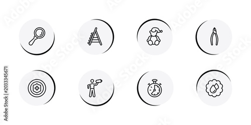 Foto general outline icon set featuring magnifiying glass, stepladder, teddy bear with sleep hat, nippers icons
