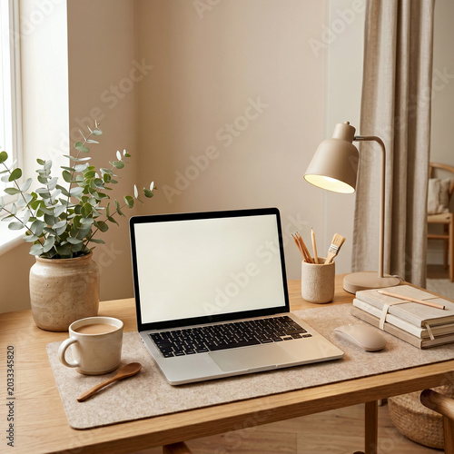 Laptop with blank screen on wooden desk with coffee and plant