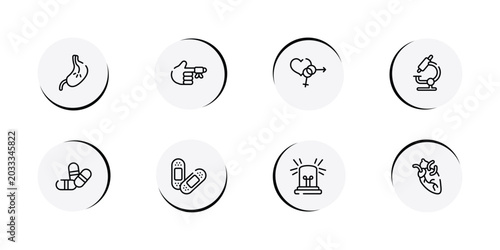 Bild auf Leinwand in the hospital outline icon set featuring esophagus, hurted finger with bandage, united heterosexual, microscope tool icons