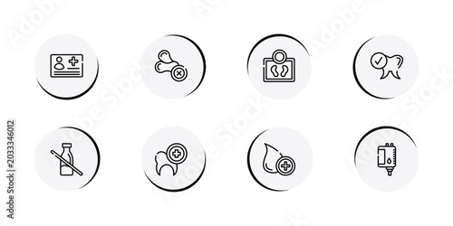 Fotografia blood donation outline icon set featuring medical card, allergenic, body weight, healthy tooth icons