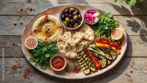 Mediterranean mezze platter with hummus, grilled vegetables, oli