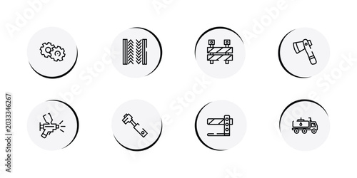 Foto constructicons outline icon set featuring cogwheel hand drawn tool, tiremark, barrier construction limit tool, inclined ax icons
