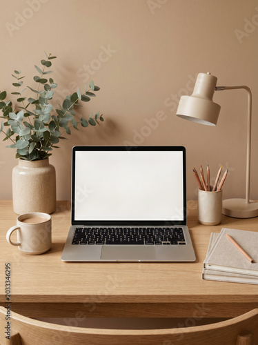 Laptop with blank screen on wooden desk with coffee and plant