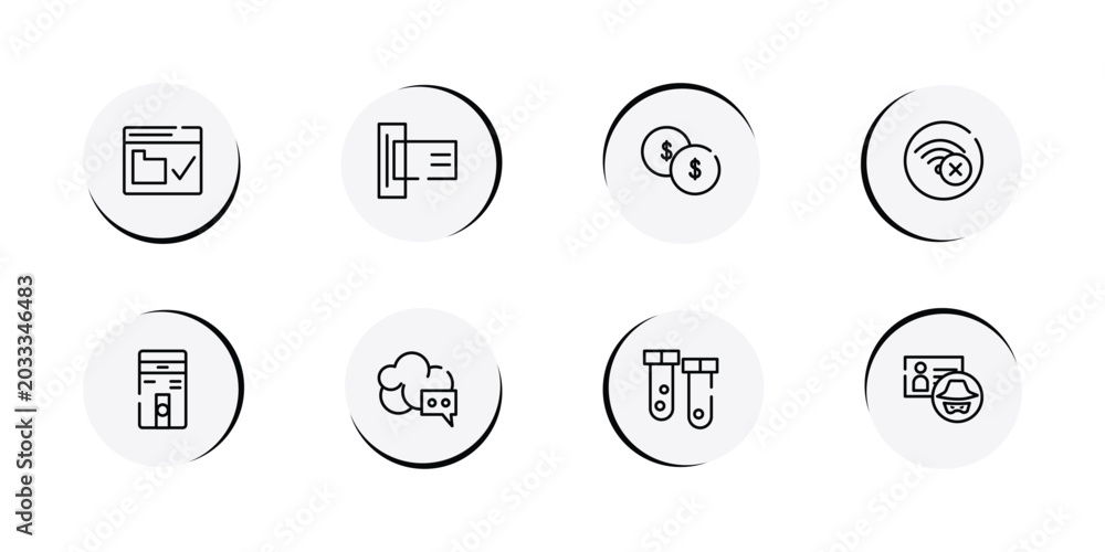 Fototapeta premium cyber crimes outline icon set featuring web security, card reader, investing, connection error icons.