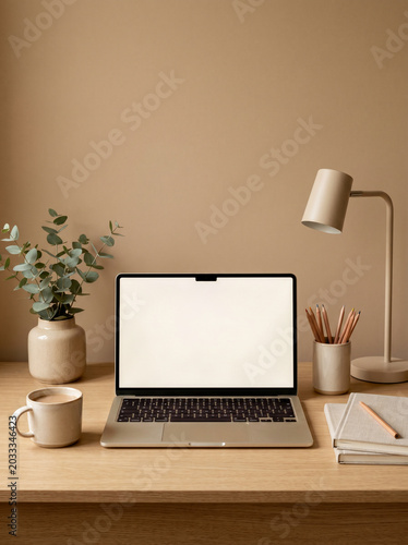 Laptop with blank screen on wooden desk with coffee and plant