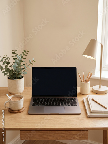 Laptop with blank screen on wooden desk with coffee and plant