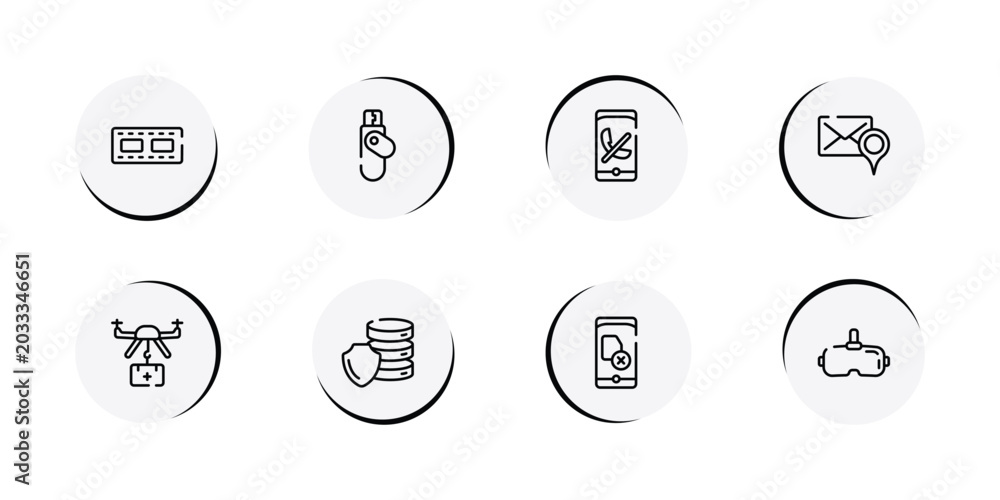 Fototapeta premium electronic device outline icon set featuring reel, flash disk, missed call, addressee icons.