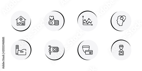 Fotografie finance outline icon set featuring wage, instructions, debit card, digital key icons