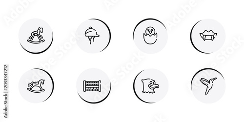 Photos nature lineal pack outline icon set featuring horse rocker black, hat for a jockey, bird in broken egg, fangs icons