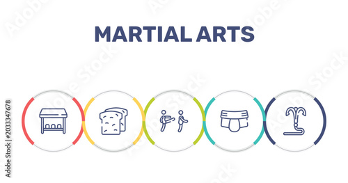 Tableau sur toile martial arts outline icon set featuring team bench, whole wheat bread, disciple, jockstrap icons