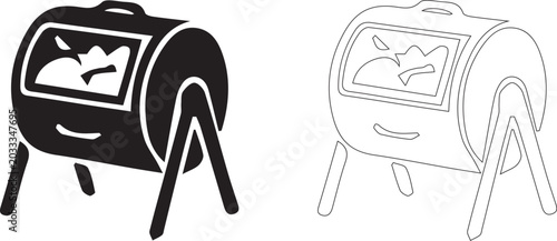 Quadro su tela Garden compost tumbler bin vector illustration set in silhouette and outline