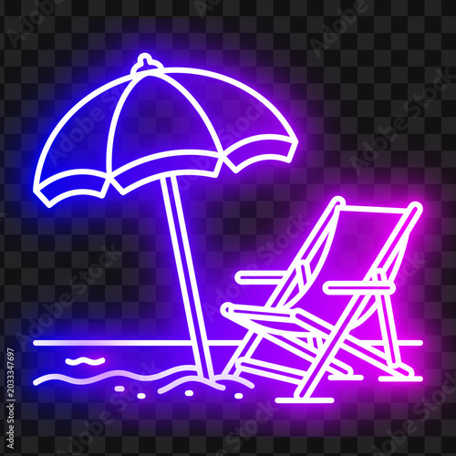 Neon beach umbrella and deck chair icon representing summer vacation and travel with vacation