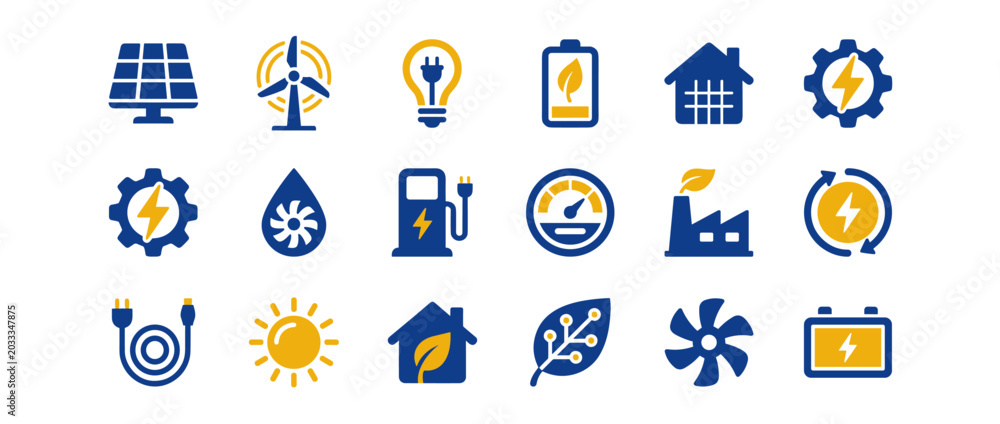 Fototapeta premium Set of clean energy icons representing solar power wind energy battery charging and eco friendly technology concepts