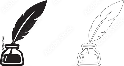 Foto Vintage quill feather pen dipping into an inkwell bottle icon set, solid black silhouette and thin line art outline style, vector illustration