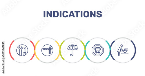 Fotografie indications outline icon set featuring wrench and screwdriver, pool depth, rain umbrella, scholar bus stop icons