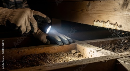 Man using flashlight to inspect wooden floor construction. Home inspector checking for structural damage, mold or pest in dark crawlspace. Property maintenance and repair concept.