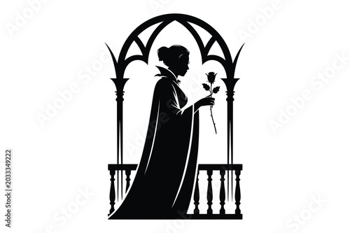 Photos Elegant queen holding single rose on balcony under gothic arch silhouette vector
