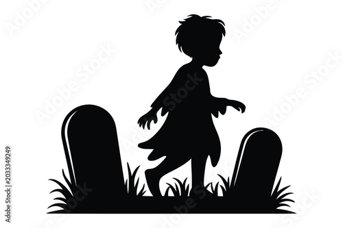 Fotografija Creepy zombie child walking through graveyard with gravestones silhouette vector