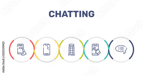 Photos chatting outline icon set featuring telephone receiver, round smartphone, phonebooth, phone touch icons