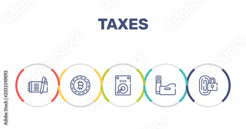 Konstfotografi taxes outline icon set featuring enquiry, banker, sand clock, pin code icons