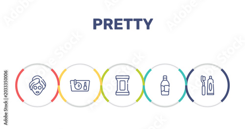 Foto pretty outline icon set featuring beauty face mask, makeup purse, makeup remover wipes, inclined bottle icons