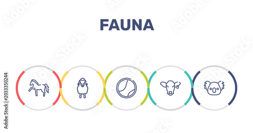 Photography fauna outline icon set featuring horse with leg up, sheep front view, tennis ball, cow head icons