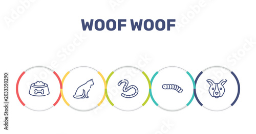 Foto woof woof outline icon set featuring dog food bowl, sitting cat, earth worm, silkworm icons